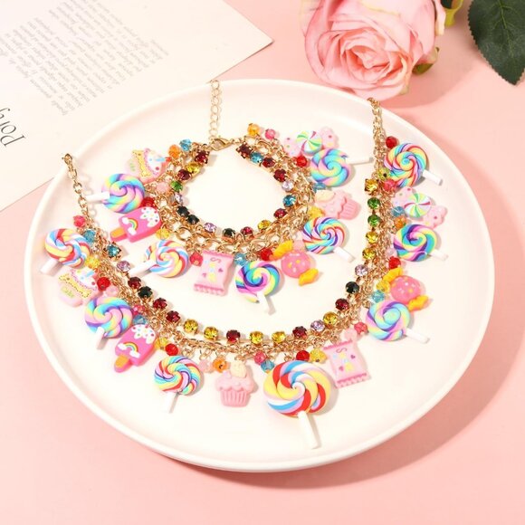 Candy Jewelry Set Alloy Crystal Lollipop Pendant Necklace Bangle for Women - Picture 3 of 6